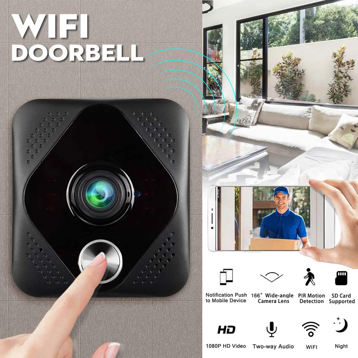 

720P WiFi Smart Wireless Phone Video Doorbell Camera Intercom Ring Doorbell Night Vision