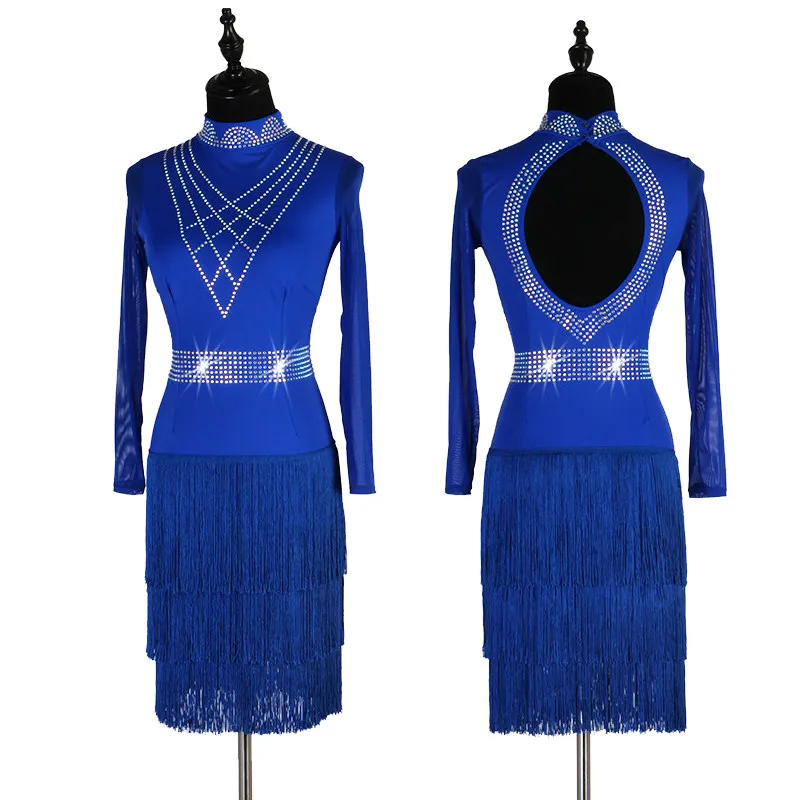

New Style Latin Dance Costume Performance Clothing High-end Blue Fringed Latin Dance Dress Women Sexy Black Tassels Skirt