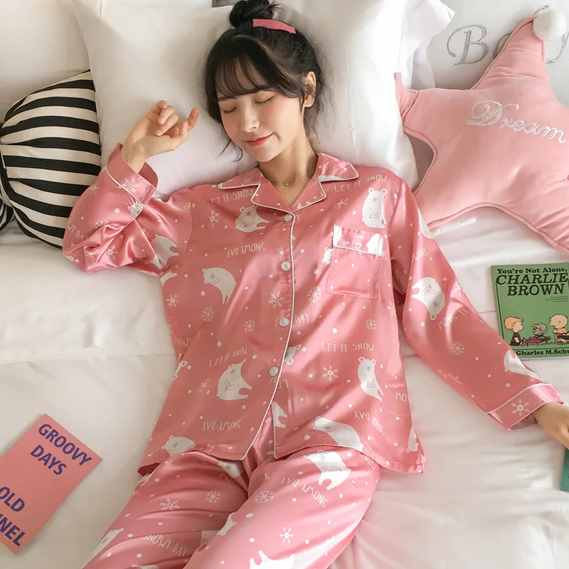 

Pajamas Women's Spring And Autumn Thin Snow Bear Viscose Cute Long Sleeve Two-Piece Set Silk Students Large Size Home Wear