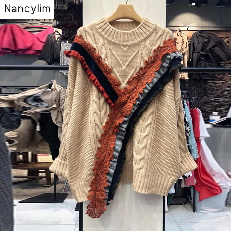 

Lace Stitched Sweater Woman Loose Befree Autumn Winter Warm Sweater Coat Casaco Feminino Turtleneck Girls Student Streetwear