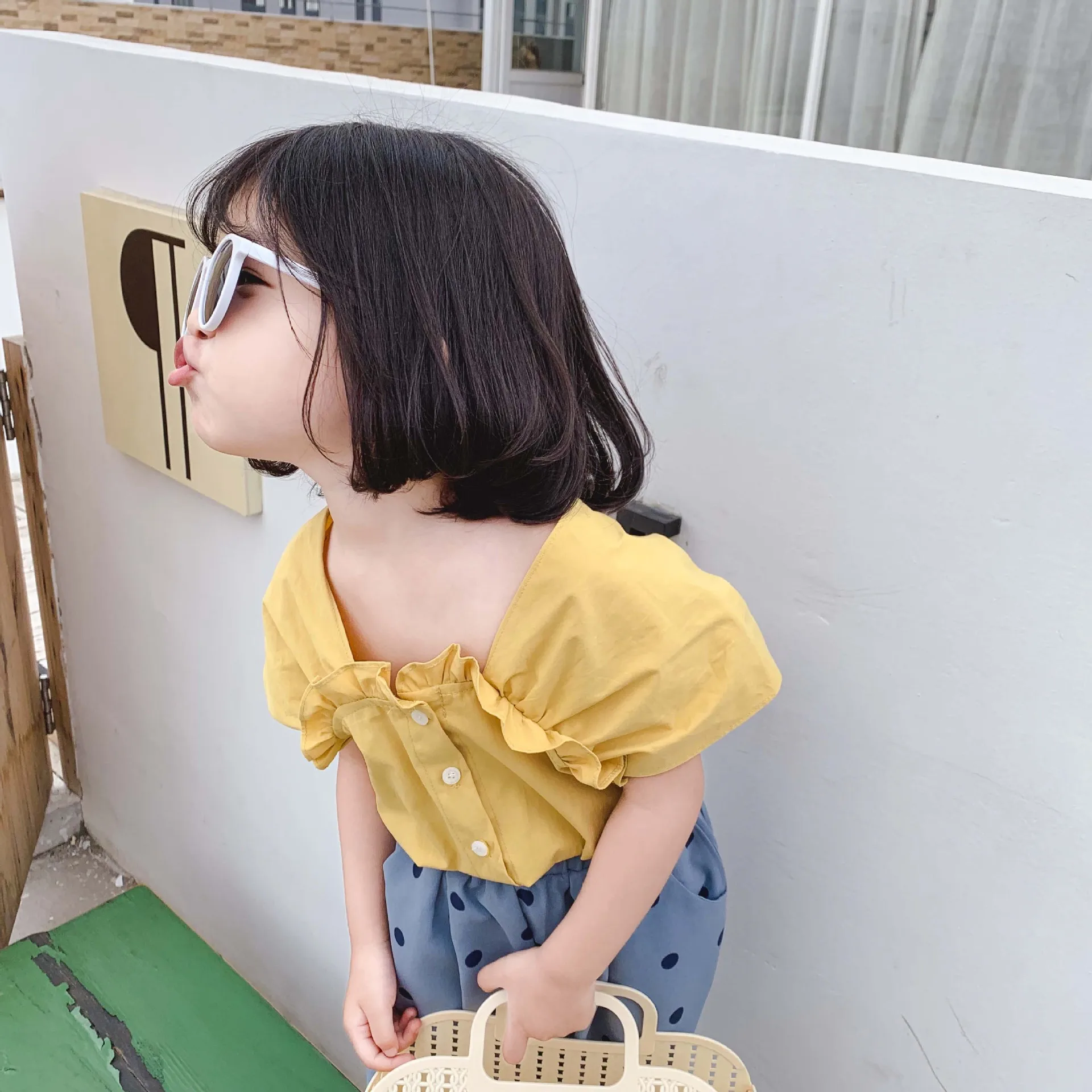 

Childrenswear 2019 Summer Korean-style Girls GIRL'S Shirt Frilled T-shirt Children Solid Color Shirt Tops