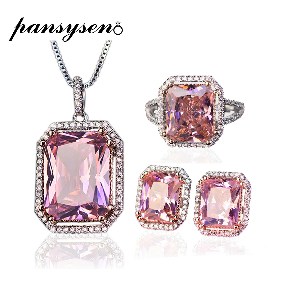 PANSYSEN 100% 925 Sterling Silver Bridal Jewelry Set For Women Natural Pink Quartz Wedding Ring Earrings Pendant Necklace Sets