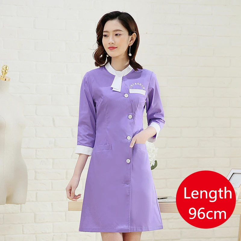 Purple Long 96cm Бесплатный Логотип Форма медсестры, медицинская спа Больничная одежда корейский стиль скраб лабораторное пальто тонкий красота Salo стоматолога Рабочая Униформа комбинезоны - Цвет: Purple Long 96cm