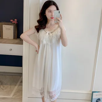 

Summer New Lace White Princess Sleeveless Nightdress Mesh Leisure Tops Nightgowns Sleepshirts