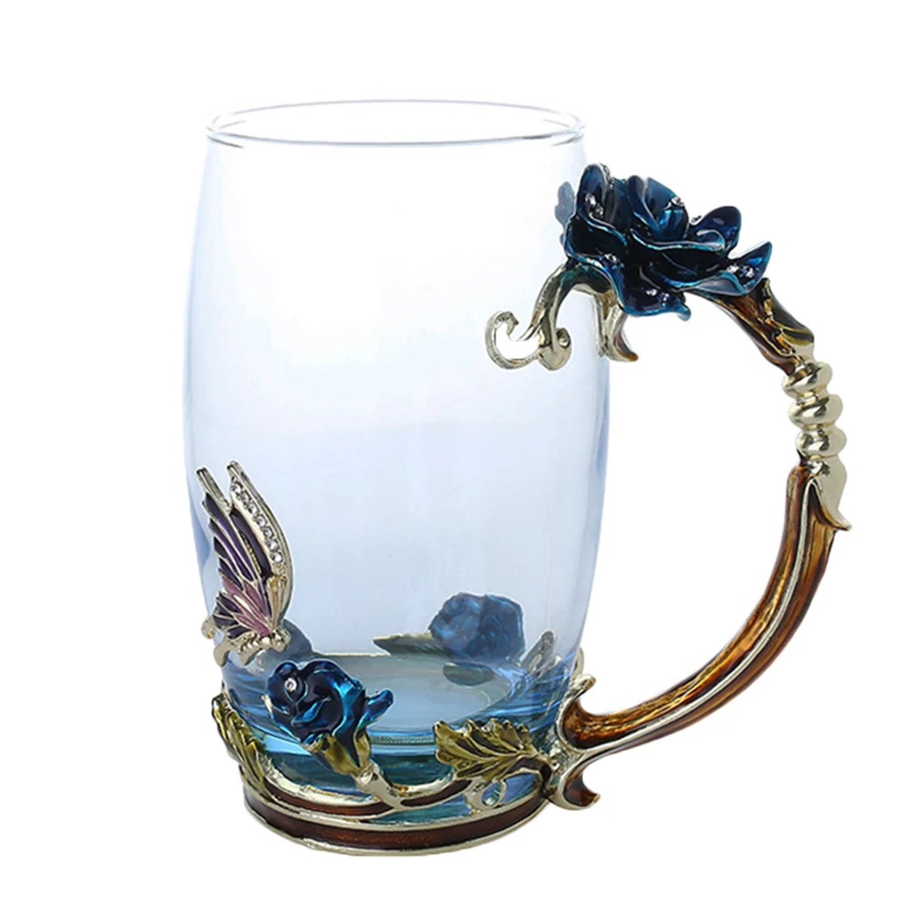 Эмаль кофе чай чашка кружка 3D Роза бабочка стеклянные чашки свадебный подарок TB распродажа - Цвет: Blue Long Without sp
