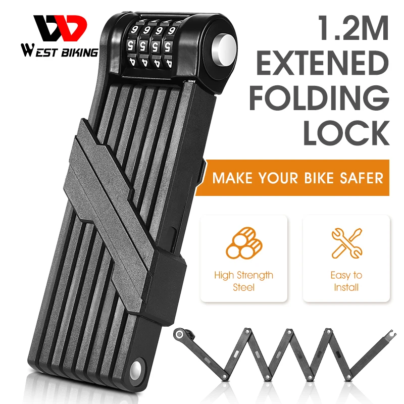 WEST BIKING Foldable Bike Lock MTB Road Password Bicycle High Security Anti-Theft Scooter Electric E-Bike Cycling Chain Lock