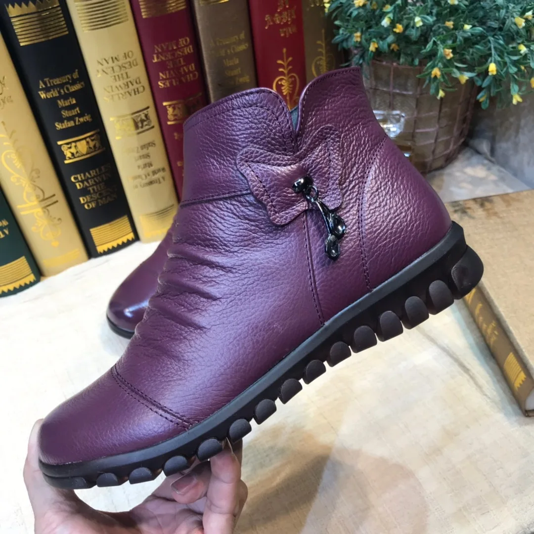 

Plus Velvet Short Boots Women's 2019 Winter Genuine Leather Mom Cotton-padded Shoes Thick Bottomed Soft-Sole Comfortable Women's