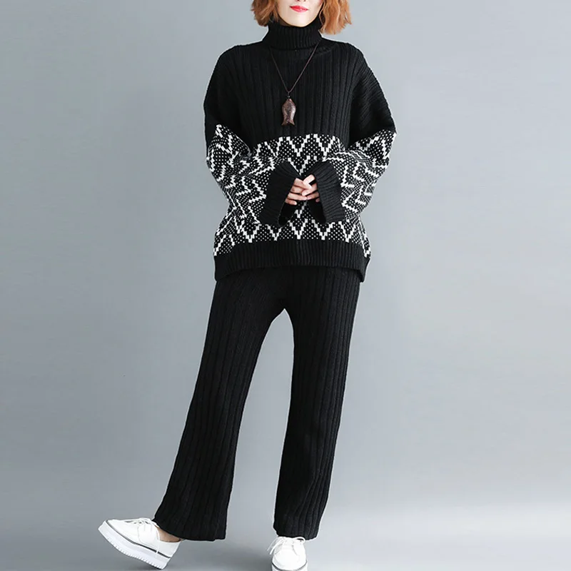 Plus Size Women European Fashion Women'S Suits Knitting Sweaters Autumn Geometric Turtleneck Winter One Set Tops+ Pants