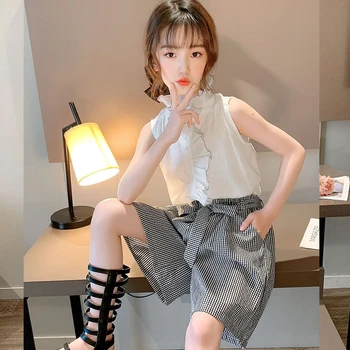 

2020 Big Girls Summer Outfits 2 Pieces Kids Fashion Baby Girl Clothes Set Children Sleeveless Top Shirts + Shorts Clothing Sets