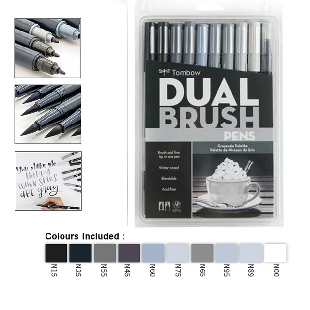 10PKG-grayscale Япония Tombow ABT двойная водная Кисть ручка и тонкий наконечник ручка Профессиональный каллиграфический маркер ручка для пули журналов открыток - Цвет: 10PKG-grayscale