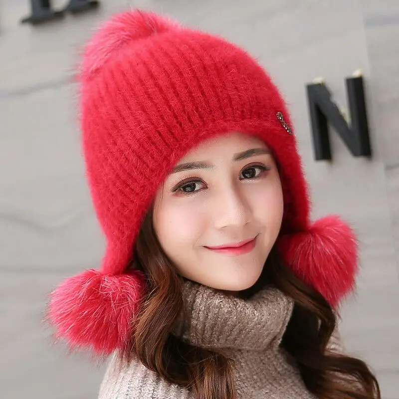 Rabbit Plush Hats Women Winter Fashion Beanies Sweet Cute Hedging Cap Velvet Wool Hat Student Hair Ball Caps Warm Knit Hat