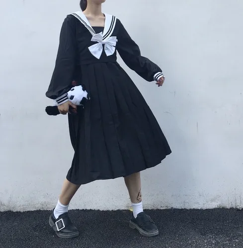

Harajuku Preppy Style Soilor Collar Dress Female 2019 New Summer Bow Women Dress Long Sleeve Retro Uniform Dresses