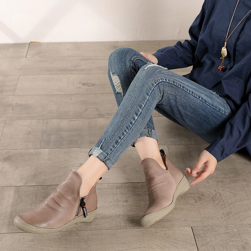 

2019 Winter Ankle Booties Lady Fashion Women' s Natural Cow Leather Boots Handmade New Arrival Low Heel Short Shoes Female
