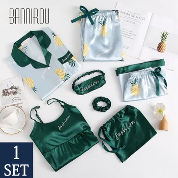 

BANNIROU Sleepwear For Woman 7 Pieces Sets Solid Emulation Silk Female Sets Homewear Woman Winter Pyjamas Sets Hot Sale 2020 New
