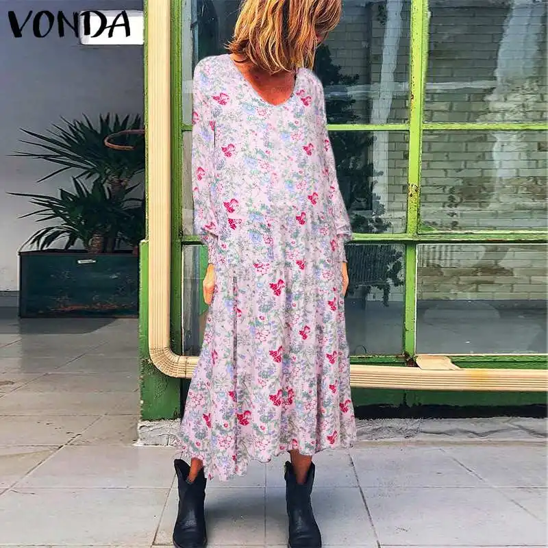 VONDA, осеннее платье с длинным рукавом для беременных, женское платье с круглым вырезом, винтажное платье макси с цветочным принтом, вечерние платья для беременных, богемное платье