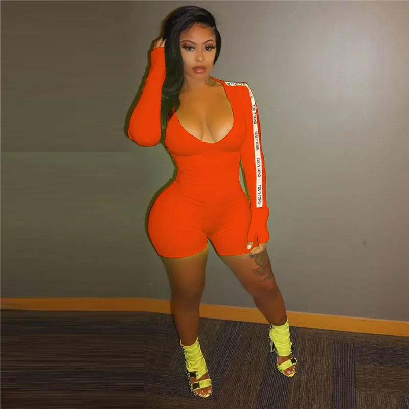 hirigin Fashion Women Long Sleeve Jumpsuit Bodycon Playsuit Shorts Pants Trousers Romper Deep V-neck Letter Sleeve Biker Shorts