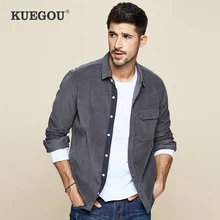 KUEGOU Осенняя Толстая хлопковая серая мужская рубашка с карманами Повседневная приталенная Мужская брендовая блуза с длинным рукавом размера плюс 6613