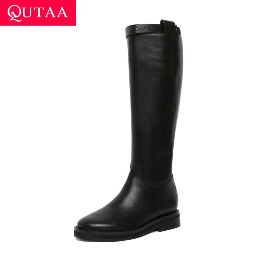 

QUTAA Knee High Boots New Autumn Winter Round Toe Zipper PU+Genuine Patent Leather Square Low Heel Women Shoes Size 34-39