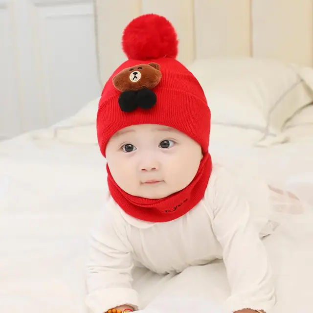 스카프와 아기 모자 곰 Pompom 100 일 생일 파티 어린이 양모 따뜻한 니트 모자