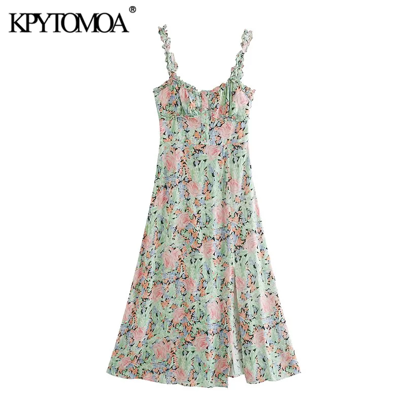 KPYTOMOA Women 2020 Chic Fashion Floral Print Ruffled Slit Midi Dress Vintage Backless Elastic Side Zipper Straps Female Dresses KPYTOMOA Women 2020 Chic Fashion Floral Print Ruffled Slit Midi Dress Vintage Backless Elastic Side Zipper Straps Female Dresses