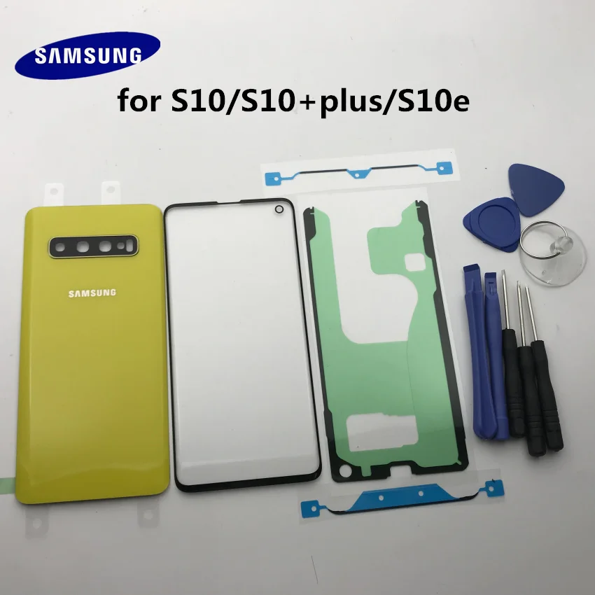 Новинка,, для samsung Galaxy S10e, G973, S10, G970, S10 plus, Задняя стеклянная крышка, задняя крышка, крышка батареи, дверь+ передняя стеклянная линза+ клей