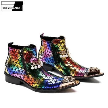 

Fashion Men Gothic Colors Pearls Ankle Boots Night Club Party Personality Genuine Leather Metal Toes Punk Shoes Man Botas