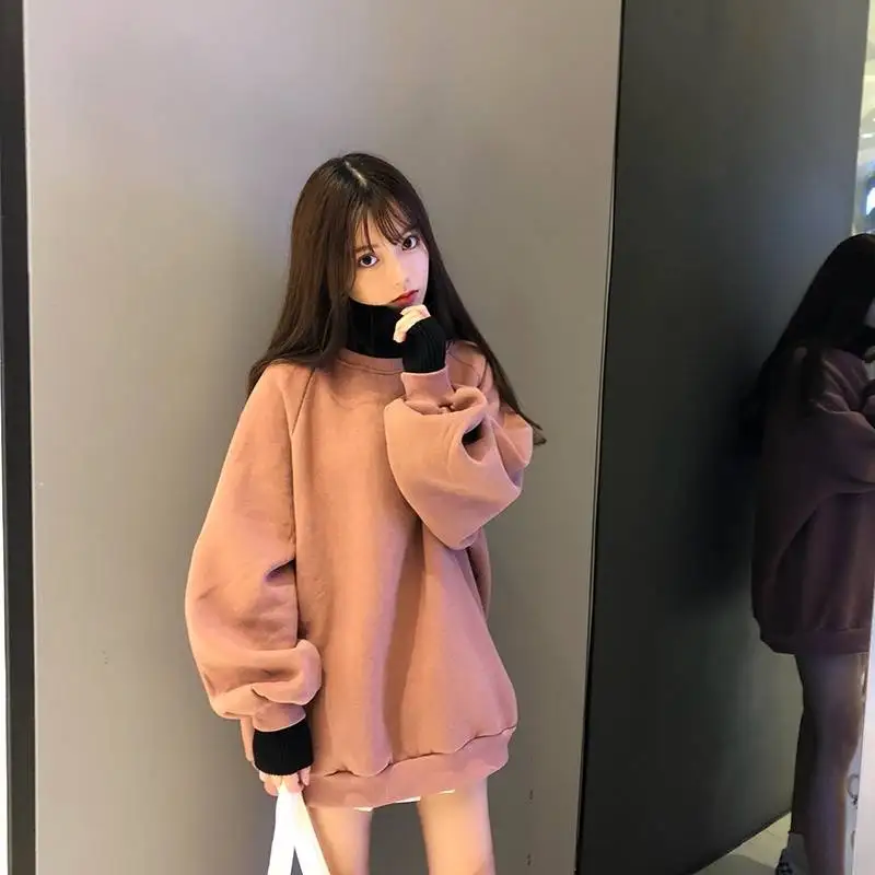 Женская толстовка kawaii, топы, верх размера d, имитация двух частей, буквенная вышивка, Повседневный пуловер размера плюс, Осенние одноцветные толстовки