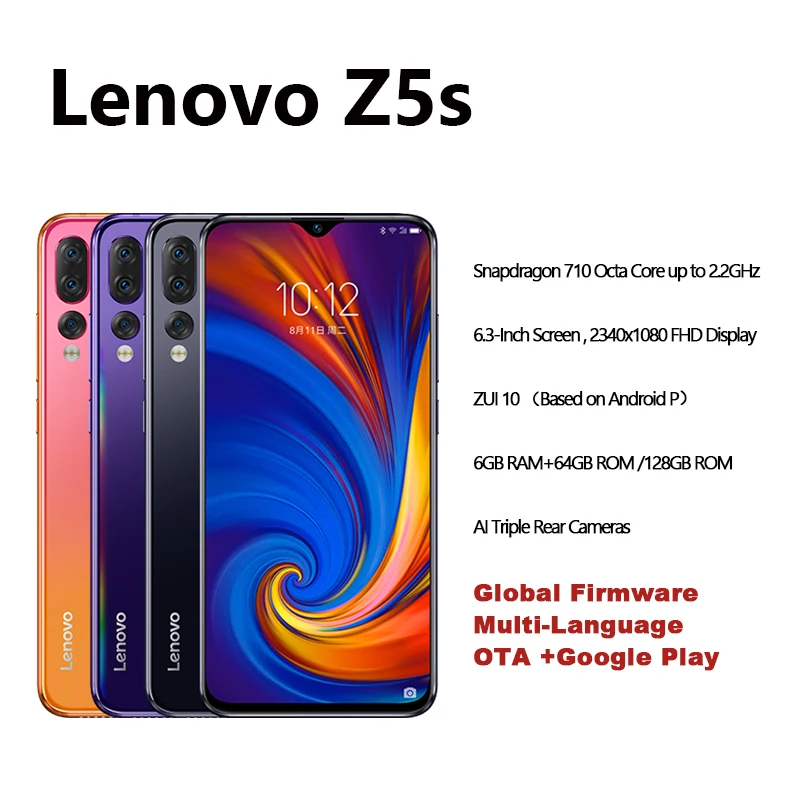 Pаспродажа Глобальная ПЗУ lenovo Z5s Snapdragon 710 Восьмиядерный 6 ГБ 64 Гб Смартфон Лицо ID 6,3 AI Тройная задняя камера Android P мобильный телефон