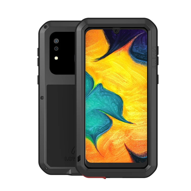 Мощный противоударный чехол LOVE MEI для samsung Galaxy A30 A305F A20 A205F, сверхпрочный силиконовый металлический чехол, закаленное стекло - Цвет: Черный