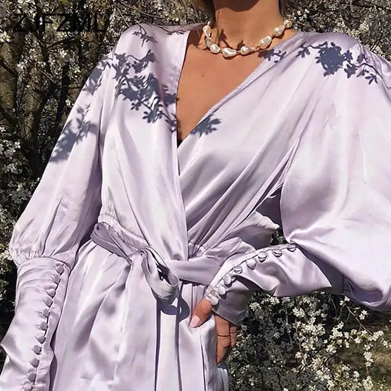

Deep V Neck Lace Up Sexy Wrap Dress Button Back Hollow Out Irregular Maxi Dress 2019 Fall Long Sleeve Solid Slim Satin Dress