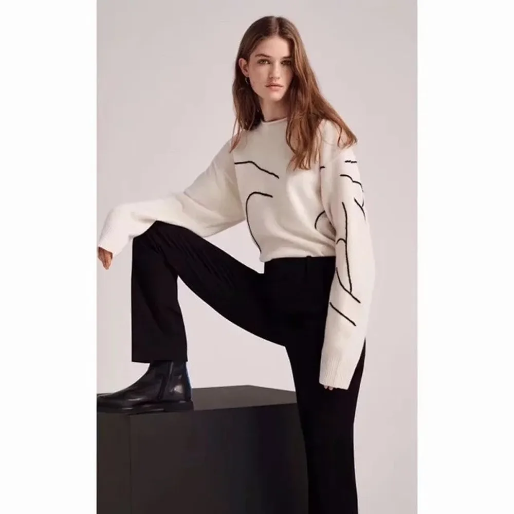 

Autumn Winter Simplicity Geometric Lines Loose Slouchy Contrast Abstract Embroidery Off Shoulder White Sweater Women Pullover