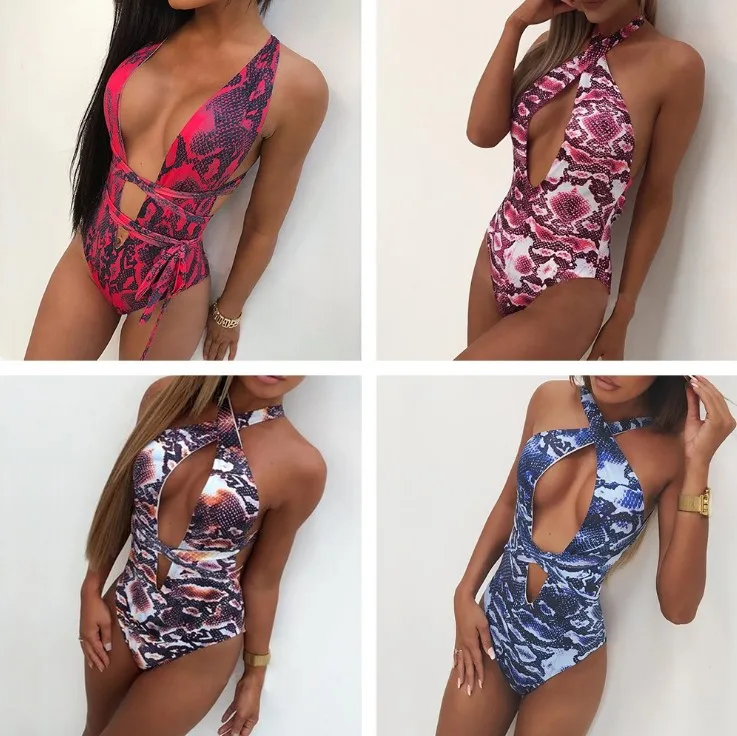 Женский сплошной купальник со змеиным принтом с высоким вырезом и открытой