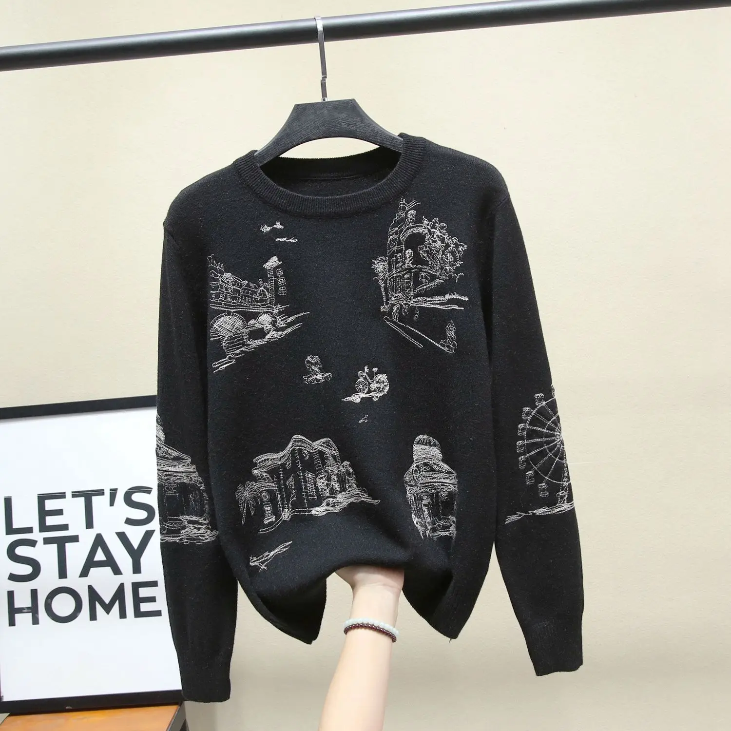 Woolen Sweaters Women Pullovers Black Hand-painted O-Neck Jumper Knit Tops Autumn Winter Fashion Jersey Casual Korean Clothing