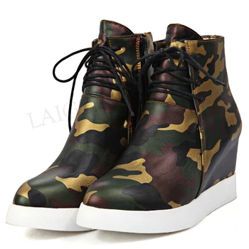 

LAIGZEM Camouflage Women Ankle Booties Wedge Height Increasing Side Zip Winter Short Warm Boots Shoes Botines Mujer Size 33-43