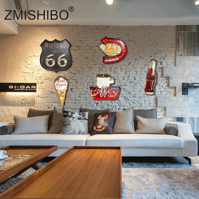 ZMISHIBO, светодиодный ночник для ресторана, бара, доски для кафе, Декор, освещение, железный арт, Route 66 Cola, мороженое, пульт дистанционного управления, настенные лампы