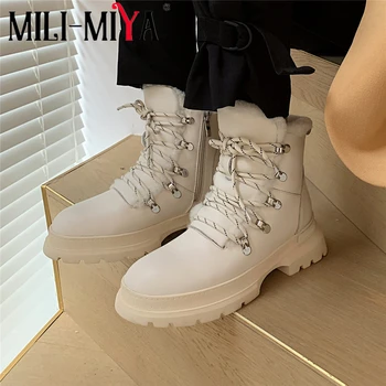 

MILI-MIYA High Quality Women Cow Leather Snow Boots Round Toe Thick Heels Warm Wool Lining Zipper Waterproof Winter Shoes