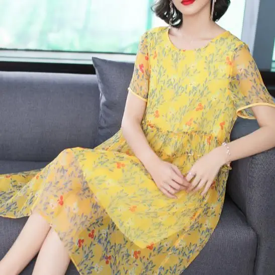 Элегантный Желтый Vestidos слоя оборками шифоновое платье Летний стиль короткий рукав Для женщин Платье с цветочным узором DC952