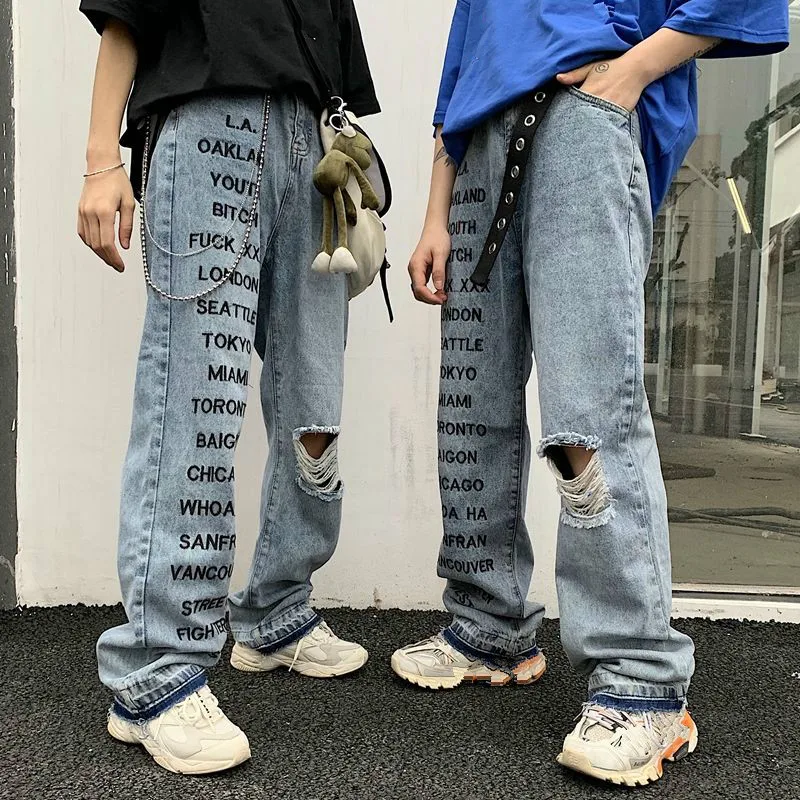 Neploe Harajuku с буквенным принтом уличные джинсы Рваные брюки стиля гранж джинсовые свободные брюки женские мужские хип-хоп брюки панк брюки 57075