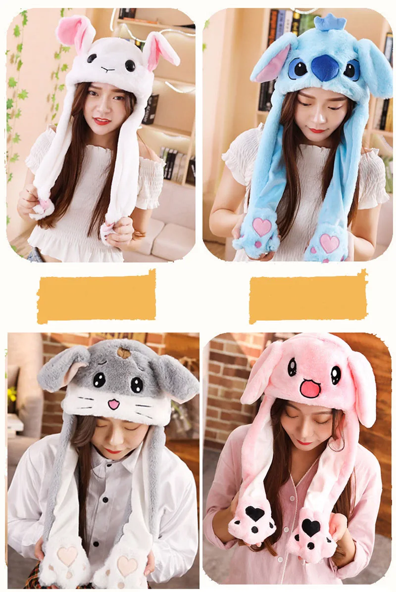 Moving Hat Rabbit Ear Plush Toy Airbag Cap Stitch Pikachu Lighted Hat Kid Gift Mickey Minnie mouse Doraemon Doll Cosplay Hat