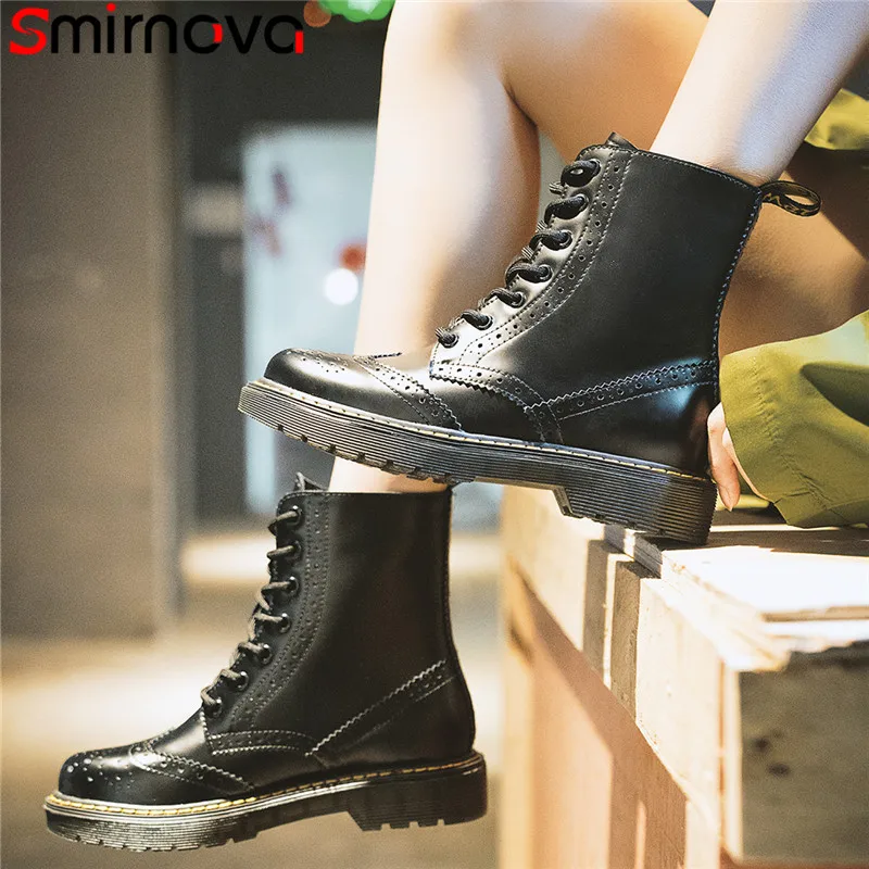 

Smirnova 2020 high quality ankle boots women genuine leather autumn round toe lace up flat shoes simple punk woman boots