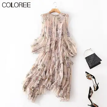 

Summer Women Clothes 2020 Runway Designers Elegant O-neck Long Sleeve Flower Printed Ruffles Midi Dress Female