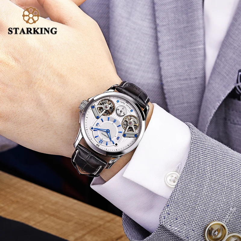 STARKING, мужские часы, Лидирующий бренд, роскошные, с двойным Tourbillon, кожа, деловые часы для мужчин, водонепроницаемые, с задним ветром, Стальные наручные часы