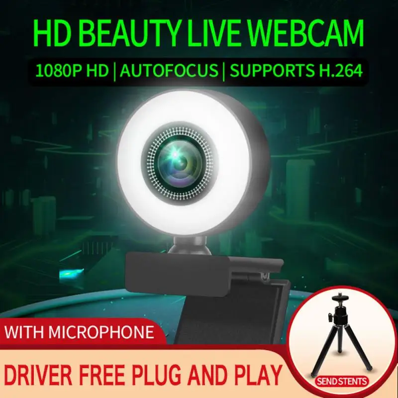 

HD 1080P Conference Video Autofocus Computer Camera With Microphone Light Conference Video With 3 Adjustable Ring Lights Camera