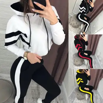

2019 2Pcs Casual Women Jogging Suit Striped Tracksuits Hoodies Pants Sportswear Set Nylon Polyester Spandex Women's Tracksuit