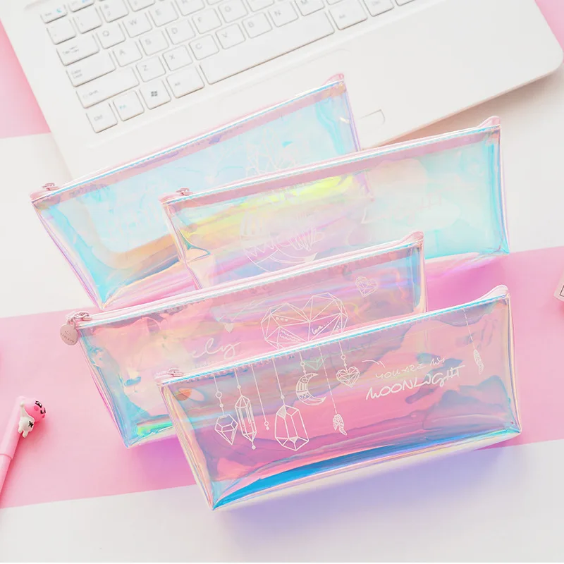 

Large Capacity Small Fresh Girl Heart Magic Pencil Bag Colorful Laser Inverted Trapezoidal Pencil Case School Office Supplies