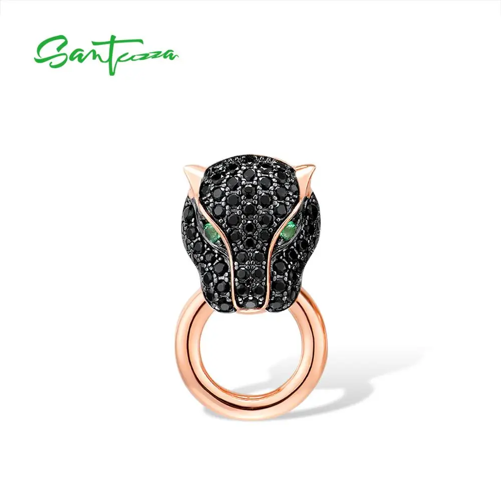 SANTUZZA Silver  Pendant For Women Genuine 925 Sterling Silver Sparkling Black Green Spinel Panther leopard Trendy Fine Jewelry