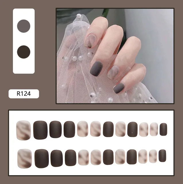 24 Sheet/Set Cute Face Fake False Nail Tips Grid Round Full Cover Glue Manicure Makeup New Design Pure Art Nail Stickers R124