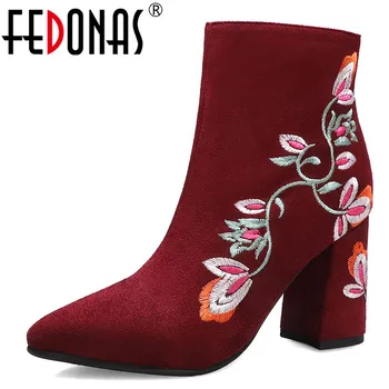 

FEDONAS Elegant Women Plus Size Embroider Ankle Boots Vintage Prom Party Shoes Woman Sexy High Heels Winter Flock Short Boots