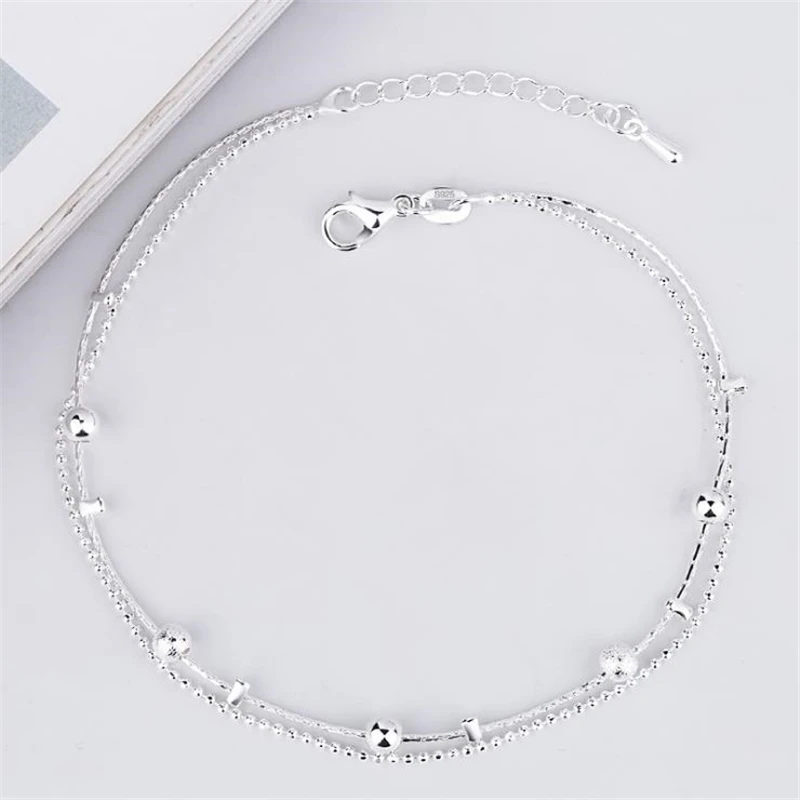 KOFSAC Trendy Simple Double Layer Ankles Chain Bracelet Barefoot Sandal Beach Jewelry 925 Sterling Silver Anklets For Women Gift new arrival anklet 925 sterling ladies silver anklets bracelet flat snake chain for women foot jewelry barefoot sandals anklets