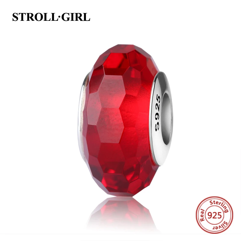 StrollGirl 925 silver sparkling Murano glass beads red color diy charms fit authentic pandora bracelet jewelry accessories gifts